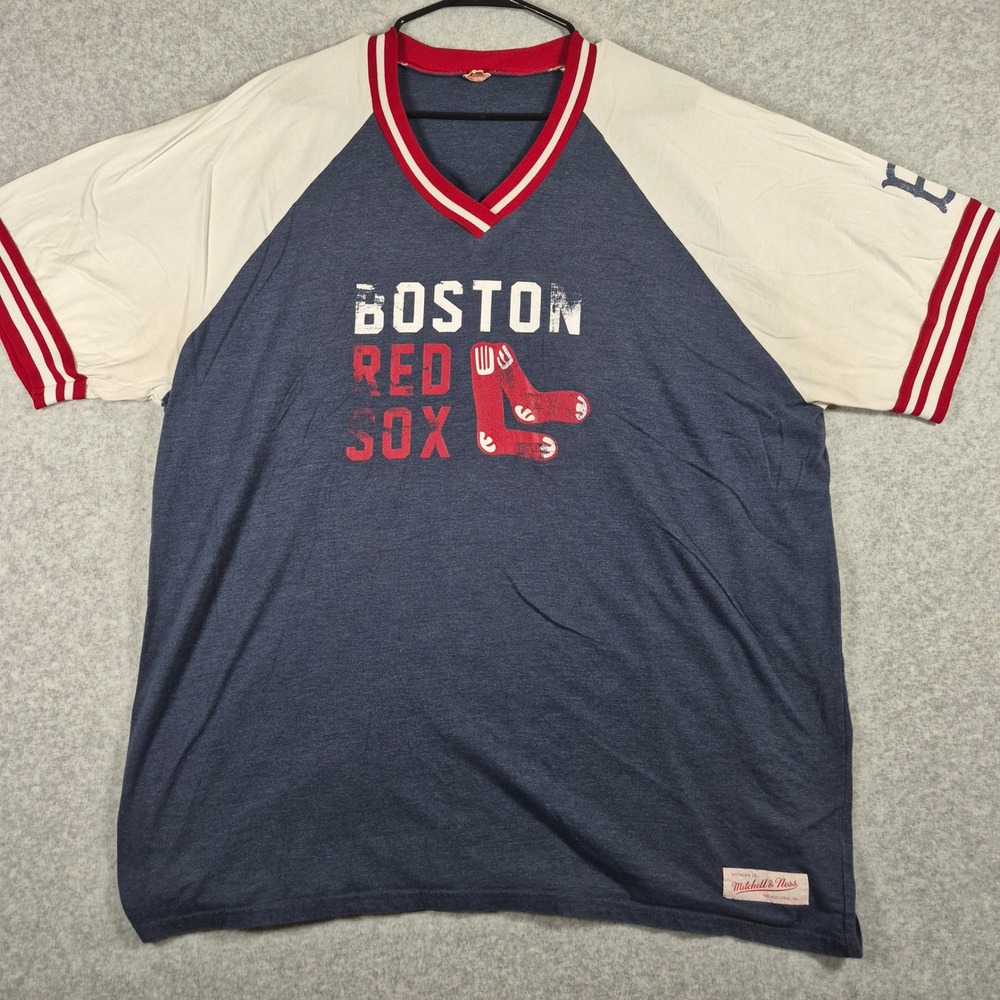 Mitchell & Ness Boston Red Sox Shirt Mens XXL Blue Raglan Distressed V-Neck MLB